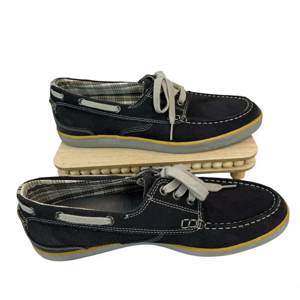 Clarks Boat Shoes 10M Navy Blue Suede Leather Plaid Lining 63561